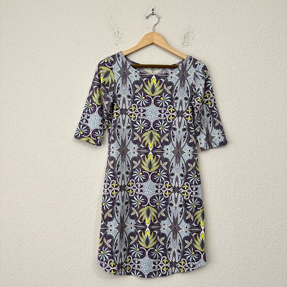 SOYBU Elana Fresco Mosaic Sheath Dress Stretch Roll-Tab Sleeve in Purple - Picture 1 of 10